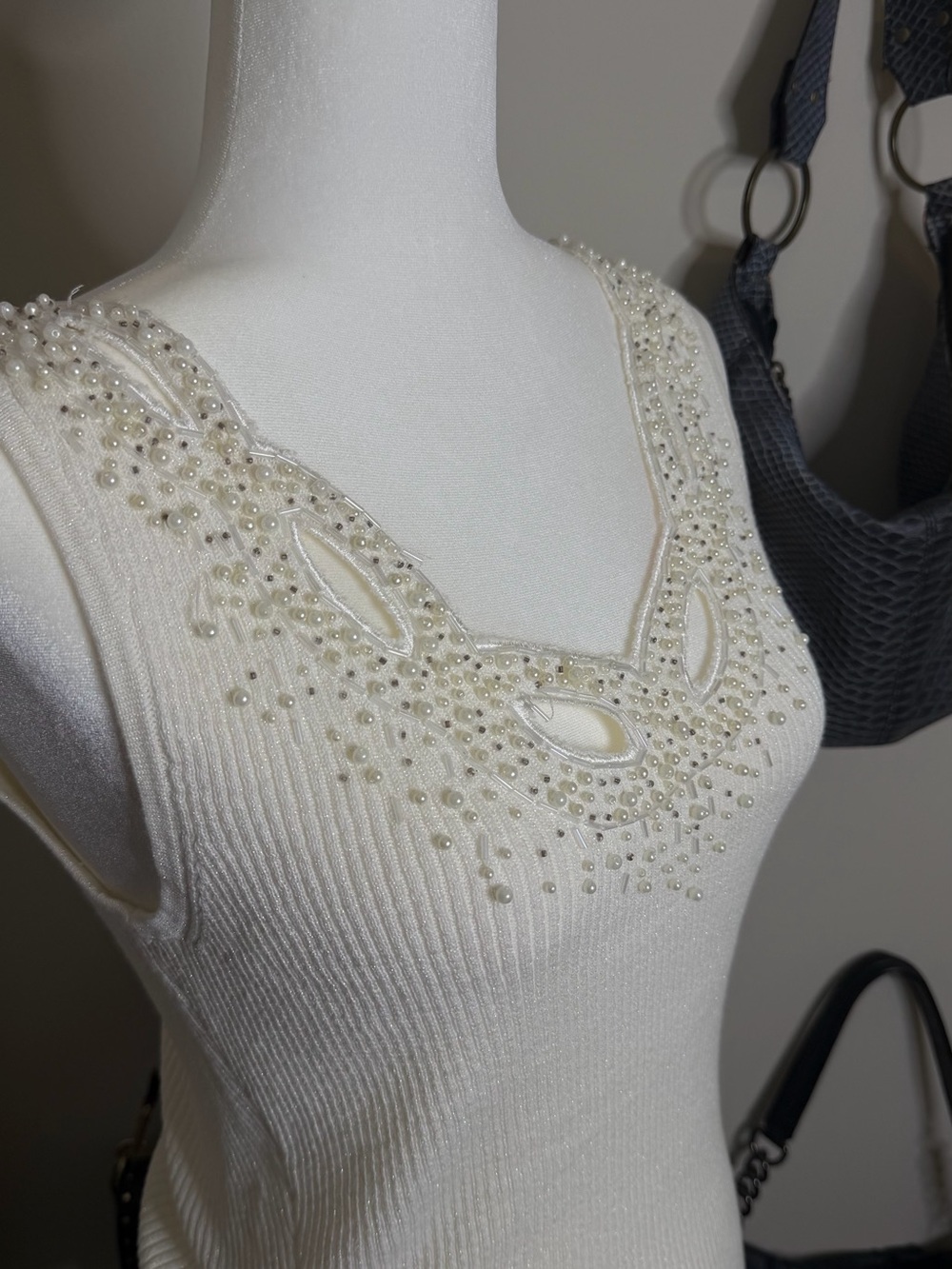 Vtg Cache Pearl-Embellished Ribbed Tank Top - Cream - Size M